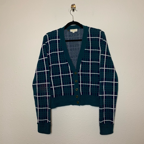 Modcloth Sweaters - ModCloth Green Plaid V Neck Crop Cardigan Sweater
